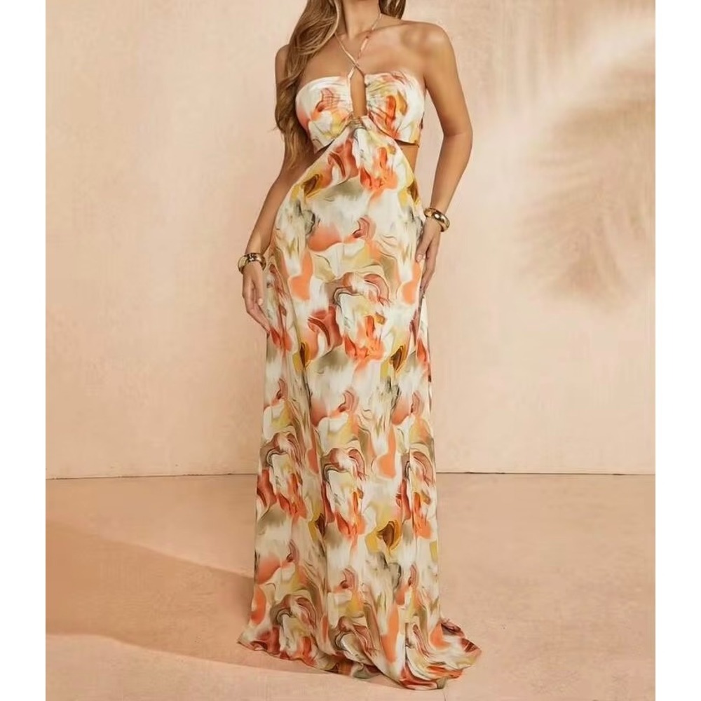 Haute Shein Abstract Marble Print Halter Cutout Maxi Dress Orange Sage Open Back